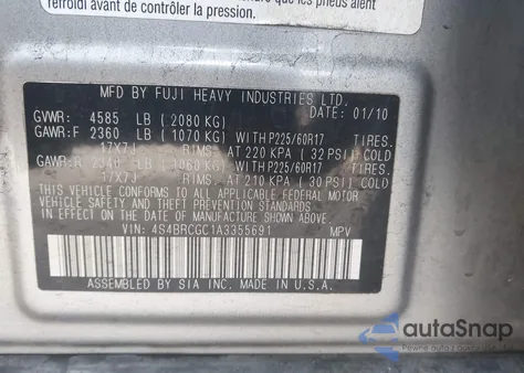 2010 Subaru Outback 2.5I Premium z USA, uszkodzony, nr VIN 4S4BRCGC1A3355691